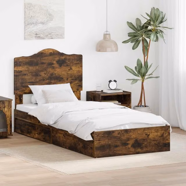 Cama con almacenamiento y cajón Maison Exclusive en roble ahumado marrón An/P/Al: 90 x 200 x 206 cm