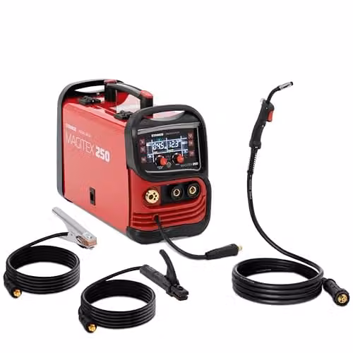 Soldador MIG MAG Stamos Germany MAGITEX 250 de 180 A con panel de control digital y funciones TIG Liftarc, MMA y Flux en color rojo