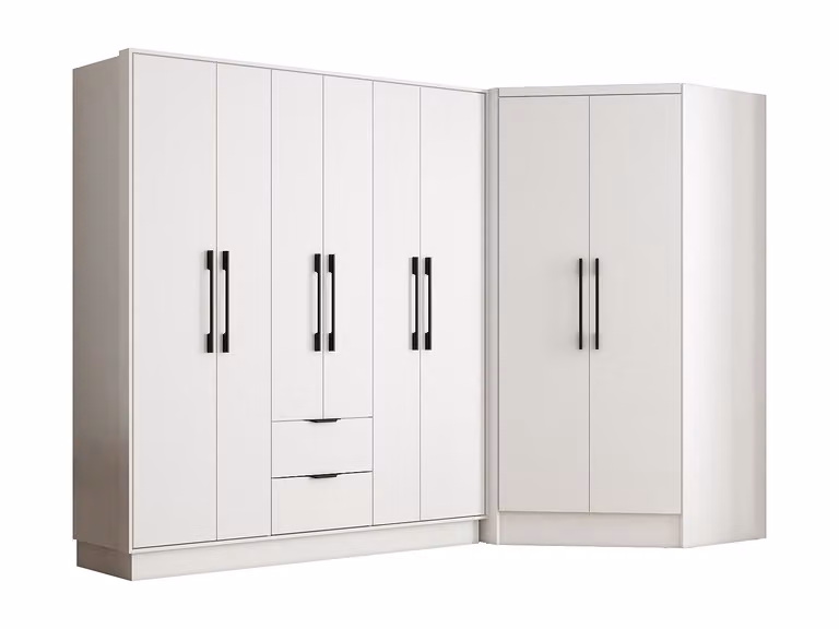 Armario de esquina FEOVA con 8 puertas y 2 cajones, color blanco, Ancho: 263,5 cm, Alto: 182 cm, Profundidad: 56 cm