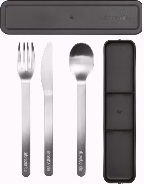 Set de 3 cubiertos Make & Take de Brabantia con estuche en gris oscuro mate y acero inoxidable