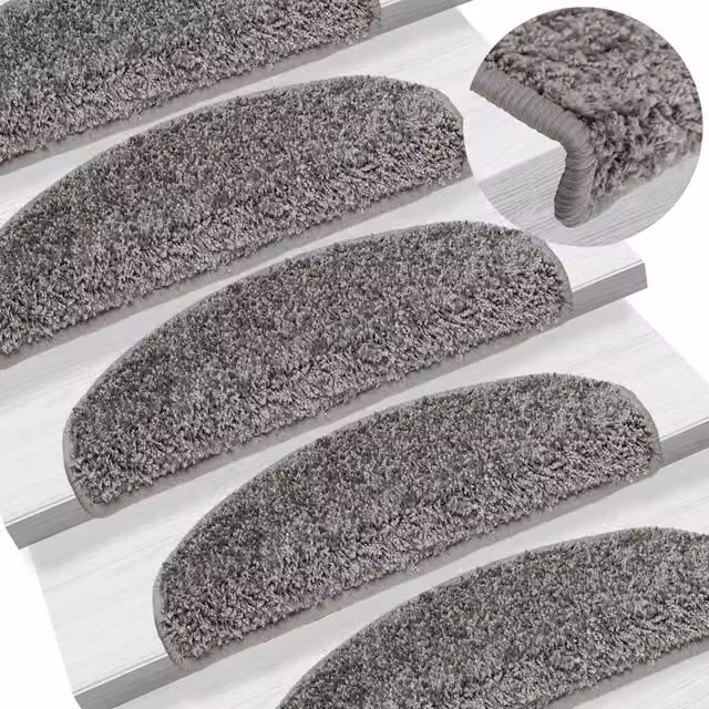 Set de 15 felpudos semicirculares para escaleras Vidaxl en color gris, antideslizantes y lavables a máquina, An/P/Al: 65 x 40 x 2,1 cm