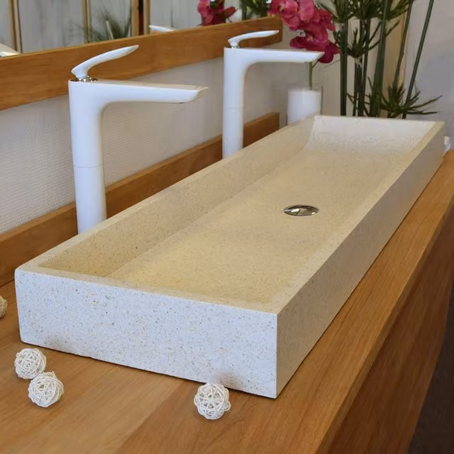Lavabo de sobreponer rectangular Atlantic en piedra natural terrazzo color beige An/P/Al: 120 x 35 x 10 cm