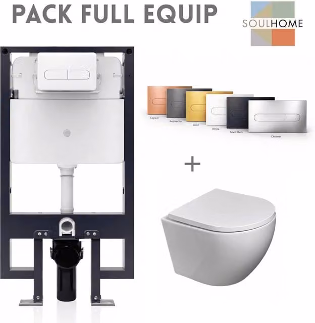 Pack de inodoro suspendido Soulhome en blanco brillo con cisterna empotrada, pulsador cobre, tapa de cierre suave y fijaciones ocultas