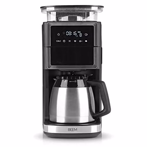 Cafetera de filtro BEEM Fresh Aroma-PERFECT III con molinillo integrado, jarra térmica de acero inoxidable, temporizador de 24 h y pantalla táctica en color negro y plata
