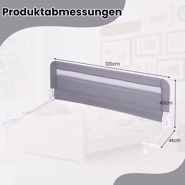 Barra de seguridad plegable para cama infantil NORTHIX en color gris y blanco con funda lavable de textil