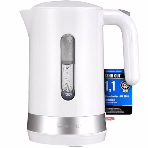 Hervidor de agua Clatronic WK 3840 blanco de 1,8 l con 2200 W y base giratoria de 360 grados