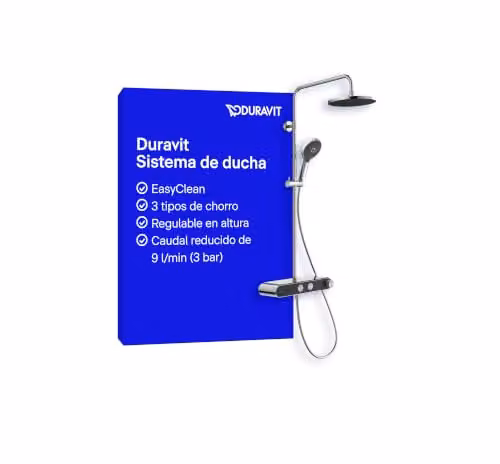 Sistema de ducha termostático Duravit con rociador superior y alcachofa de mano en cromo y negro, An/P/Al: 52,4 x 40,0 x 121,8 cm
