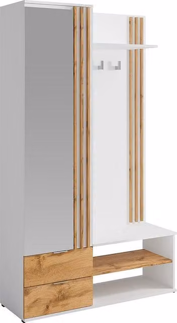 Armario de recibidor Janakia con espejo, cajones y barra de colgar en blanco y madera, An: 120 cm, P: 40 cm, Al: 201 cm