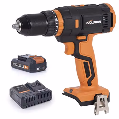 Taladro combinado inalámbrico Evolution Power Tools R13CMB-Li de 18 V con 3 modos, batería de 2 Ah y cargador, color negro y naranja
