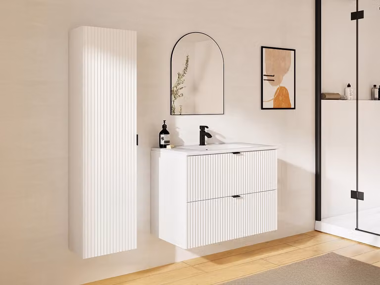 Mueble de baño suspendido estriado ZEVINI con lavabo de cerámica y columna, Blanco mate, An/P/Al: 80 x 47 x 72 cm