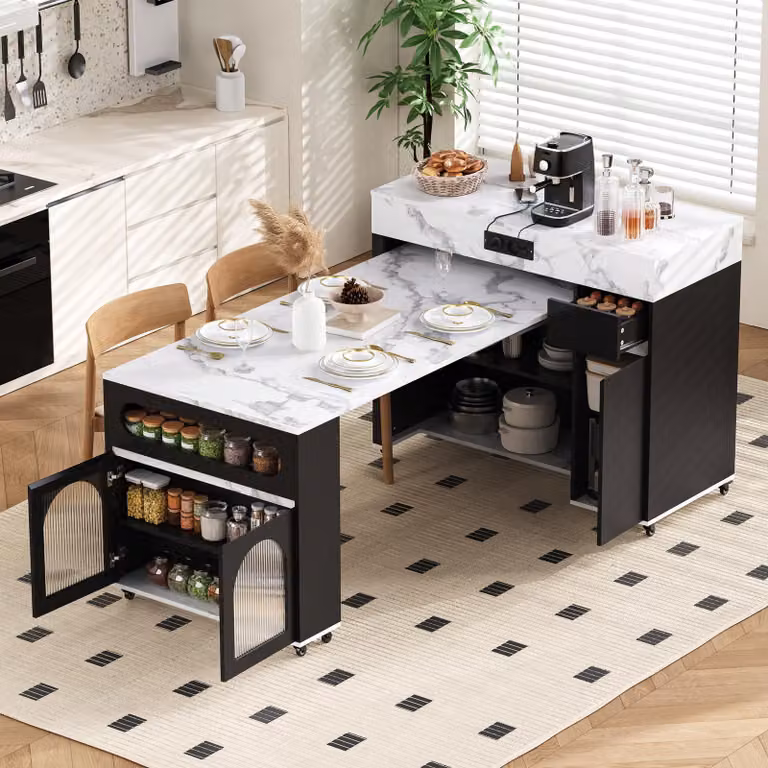 Isla de cocina extensible STILVORA con ruedas y enchufes, mesa y aparador con cajón en color nogal, An/P/Al: 137.5 x 95.5 x 50.5 cm