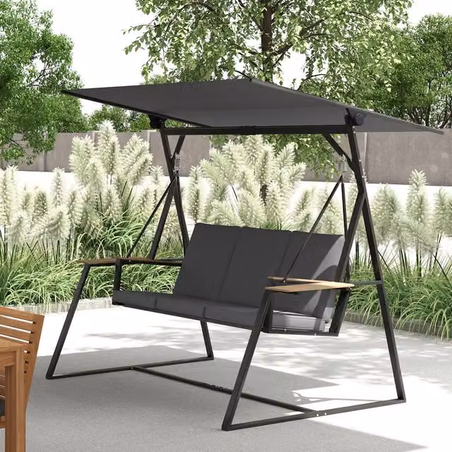 Columpio de jardín Outsunny de metal y poliéster gris carbón con toldo y cojines, An/P/Al: 222 x 131 x 175 cm