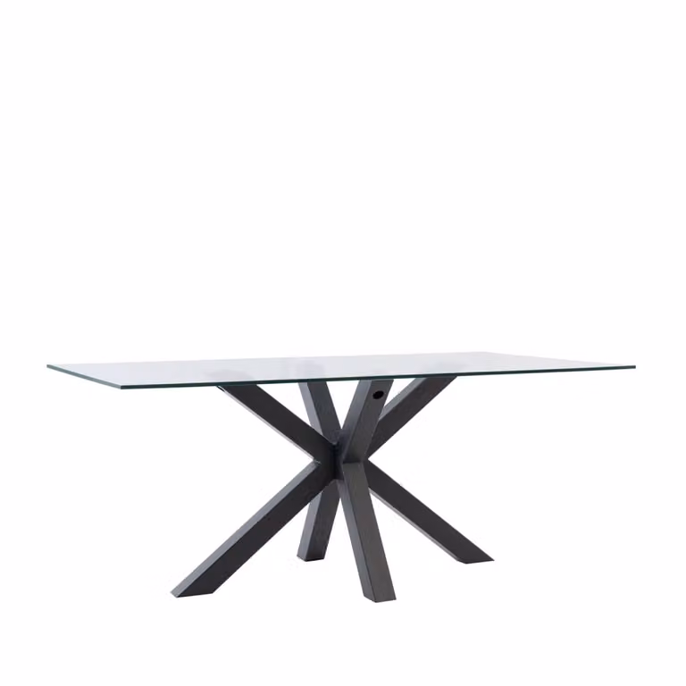 Mesa de comedor rectangular Koketto Home con tablero de vidrio transparente y patas negras de metal