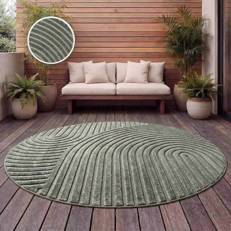 Alfombra redonda Paco Home de estilo escandinavo bohemio en color verde y beige, ideal para exterior, terraza o salón, Diámetro: 120 cm