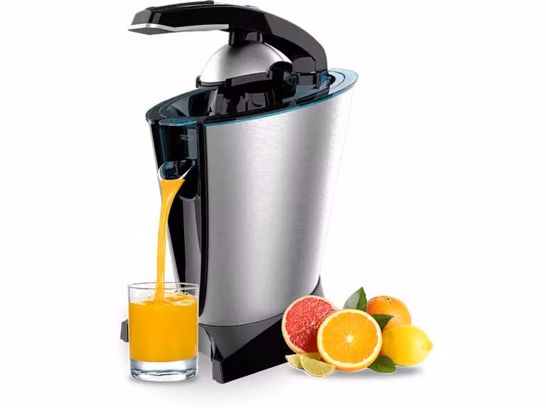 Exprimidor de cítricos Cecotec EssentialVita Hyden 600 Steel Pro color plata con filtro de acero inoxidable y 2 conos