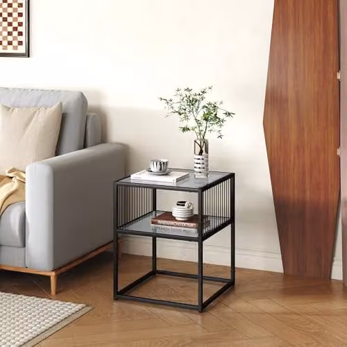Mesa auxiliar Tronevn cuadrada de en.casa con estante de cristal y estructura de metal negra An/P/Al: 50 x 40 x 40 cm