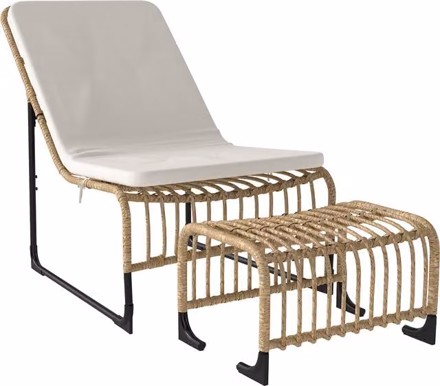 Sillón de exterior Outsunny con reposapiés, cojín acolchado y ratán sintético en color beige, An/P/Al: 93 x 65 x 80 cm