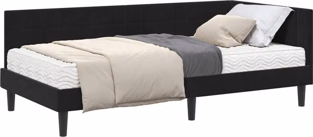 Estructura de cama de esquina con colchón SYFAX en terciopelo negro, An/P/Al: 90 x 190 x 72 cm