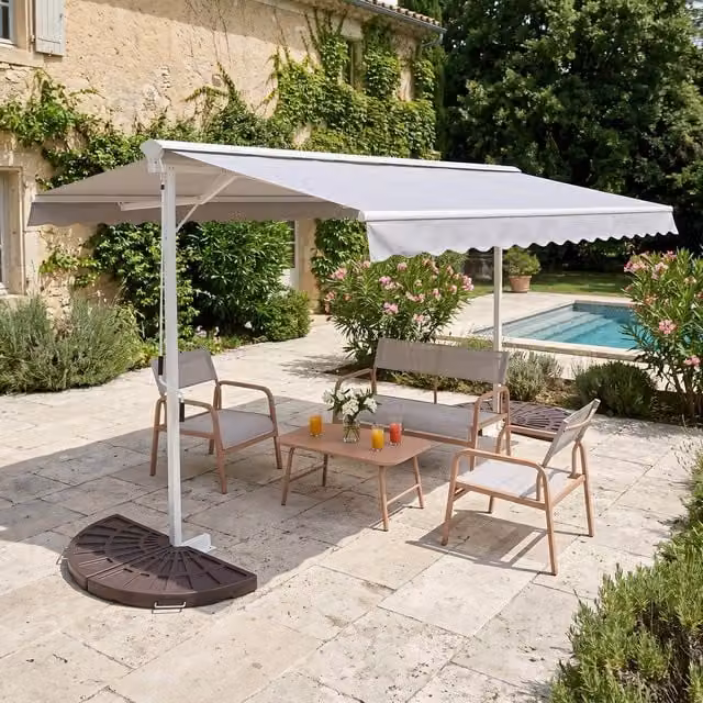 Toldo a dos aguas OVIALA en color beige con 4 losas de peso, estructura de aluminio y cubierta de poliéster, An/P/Al: 4 x 3 x 2,5 m