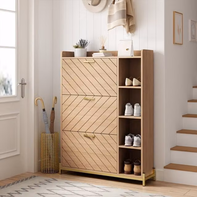 Zapatero WISHDOR de estilo escandinavo con puertas abatibles soft close y estantes abiertos, color roble, An/P/Al: 90 x 24 x 119 cm