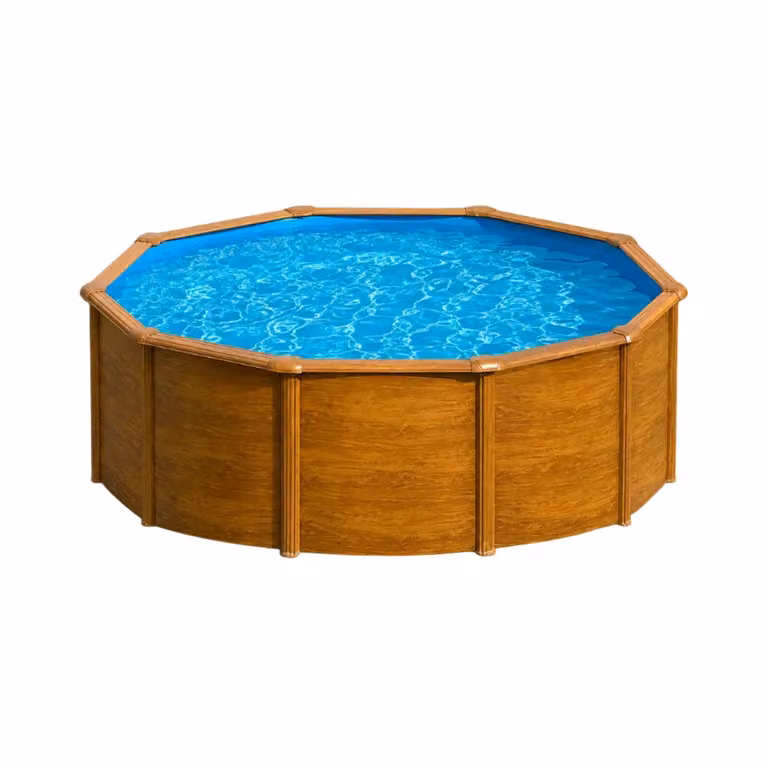 Piscina elevada circular Gre Wet de acero galvanizado y PVC con acabado imitación madera en colores azul y marrón