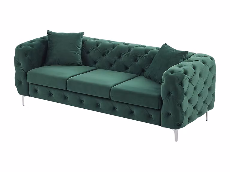 Sofá Chesterfield de 3 plazas EDWINA en terciopelo verde con estructura de madera sólida y cojines incluidos An/P/Al: 220 x 91 x 76 cm