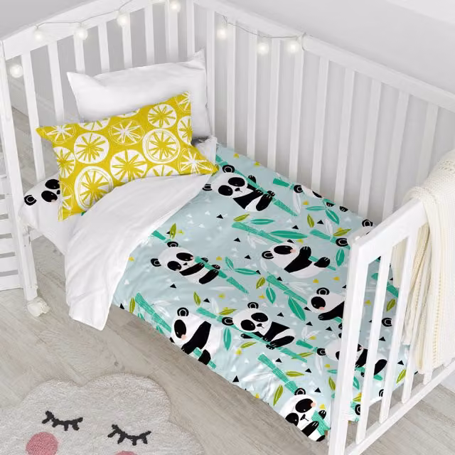 Juego de cama nórdico de 2 piezas Moshi Moshi Panda Garden azul para niños con funda nórdica y funda de almohada de algodón