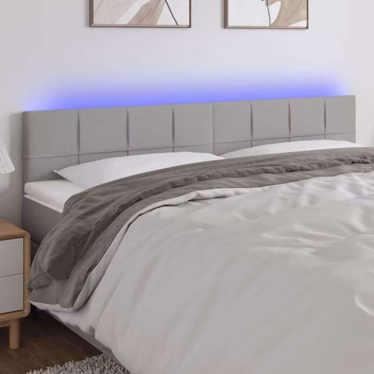 Cabecero de cama moderno Maison Chic tapizado en tela gris con iluminación LED y puerto de carga USB, An: 180 cm, P: 5 cm, Al: 78-88 cm