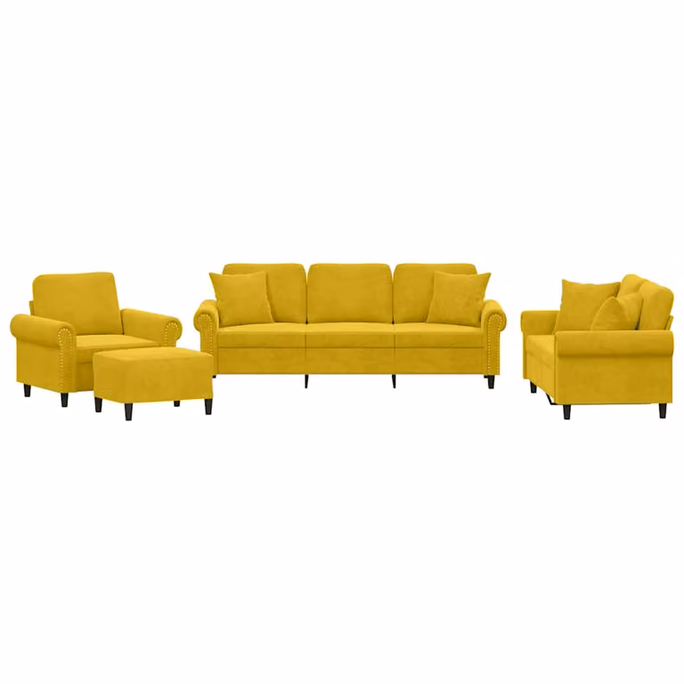 Juego de sofás vidaXL de 4 piezas tapizado en terciopelo amarillo con otomana y cojines para salón de estilo moderno