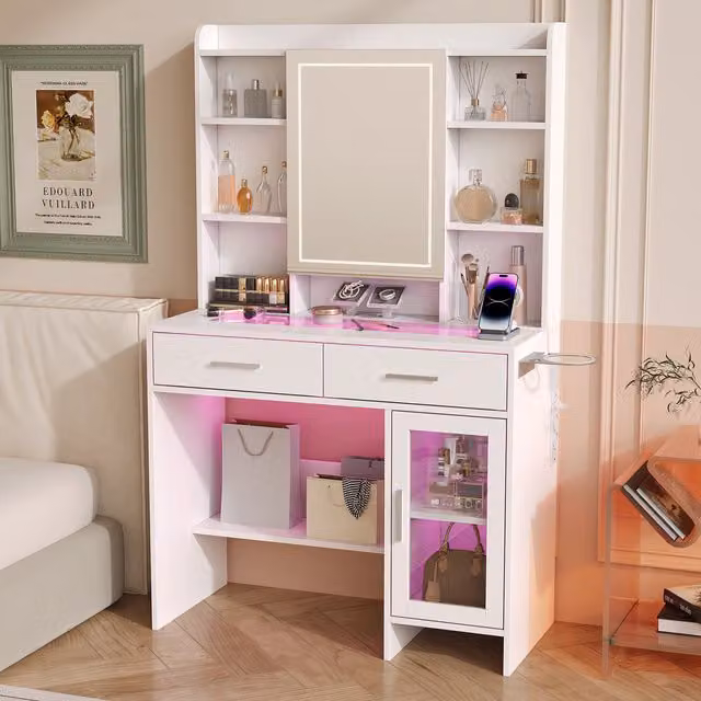 Tocador con Espejo LED SOLKVUNZA en Blanco con Vidrio Templado y Soporte para Secador An/P/Al: 90 x 40 x 145 cm