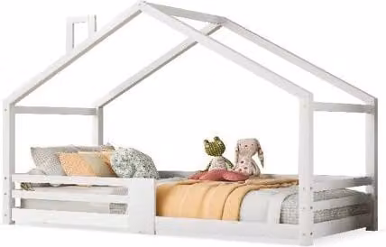 Cama infantil tipo cabaña Merax de madera de pino lacada en blanco, An/P/Al: 90 x 200 x 142,5 cm