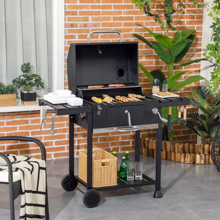 Barbacoa de carbón Northio con carro, rejilla de calentamiento y estante, acero esmaltado negro, An/P/Al: 114 x 64 x 64 cm