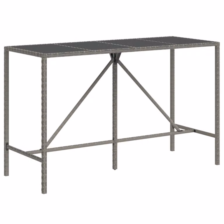 Mesa alta de bar Syfax de ratán con superficie de vidrio, diseño moderno para jardín o terraza, color gris, An/P/Al: 180 x 70 x 110 cm