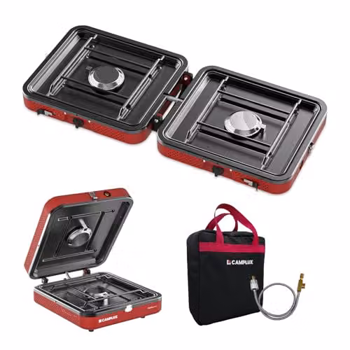 Estufa de camping CAMPLUX FoldGo de 2 fuegos en acero inoxidable y color rojo con encendido piezoeléctrico y compatible con gas propano