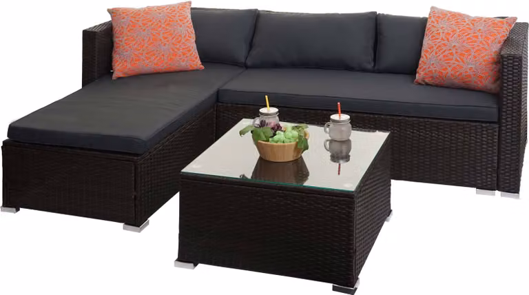 Juego de muebles de jardín y terraza Mendler en polirratán marrón con cojines grises y mesa de centro para salón o balcón
