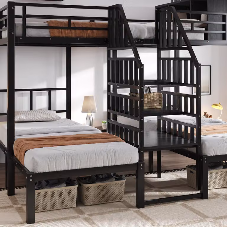 Estructura de cama de dos niveles MODFU en metal negro para niños con escalera y estantes integrados, An/P/Al: 90 x 200 x 148 cm