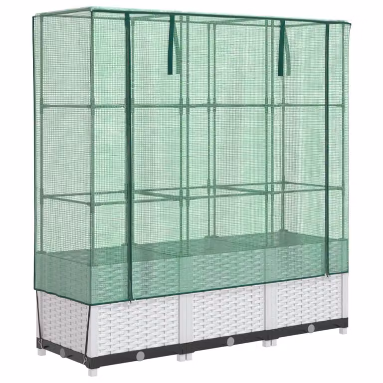 Arriate con cubierta de invernadero Syfax con aspecto de ratán en blanco y verde, An/P/Al: 120 x 40 x 138 cm