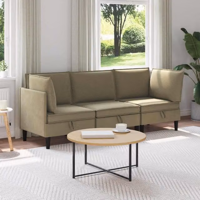 Juego de muebles de salón vidaXL de 3 piezas en forma de L, tapizado en tela beige y marrón con diseño moderno para adultos