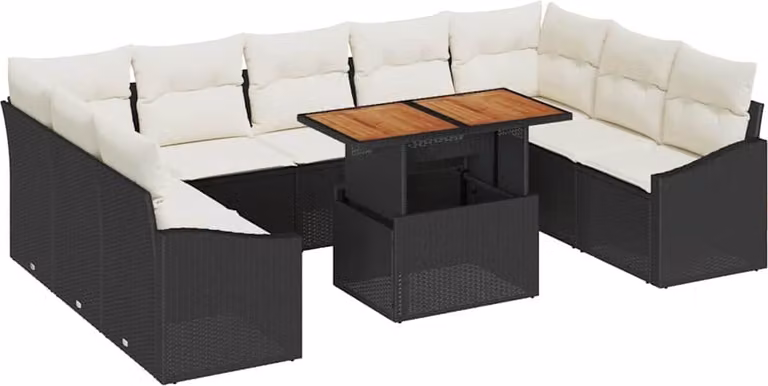Conjunto de comedor de jardín Syfax de 10 piezas en polirratán con madera de acacia y cojines en negro y beige