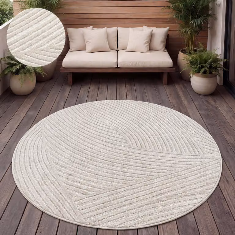 Alfombra redonda Paco Home de estilo escandinavo bohemio en color crema, ideal para exterior, terraza o salón, Diámetro: 200 cm