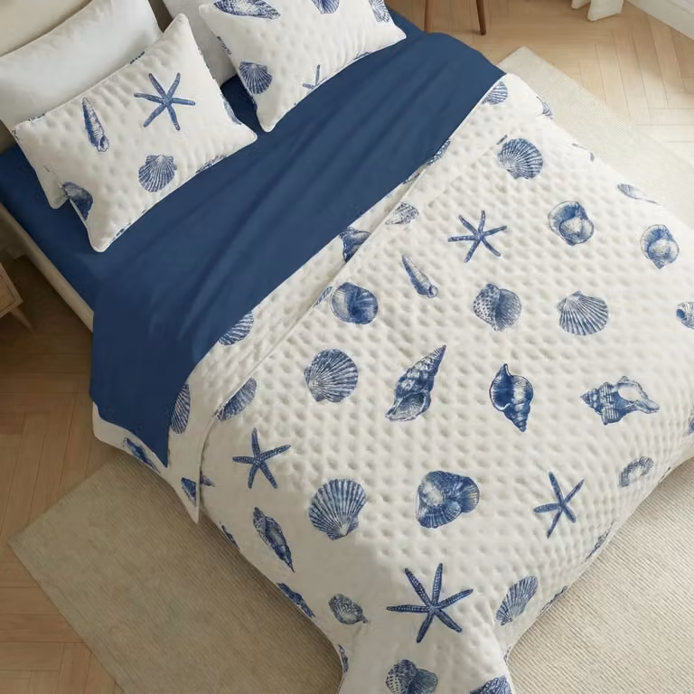 Colcha acolchada extrasuave de microfibra en blanco y azul para cama de 300 x 270 cm