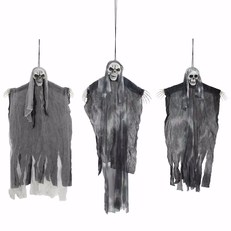 Set de 3 figuras de fantasmas colgantes para Halloween vidaXL, color negro, An/Al: 66 x 110 cm
