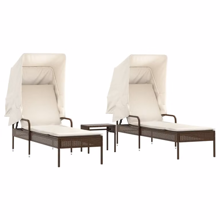 Set de 2 tumbonas Syfax de ratán sintético marrón con capota, mesa lateral y reposacabezas ajustable para jardín o terraza