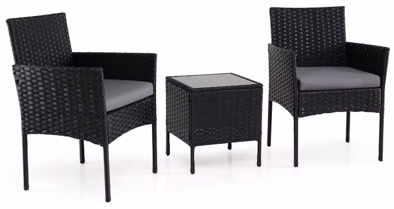 Juego de jardín de 3 piezas Northix con ratán, cojines tapizados y mesa de cristal para terraza o balcón