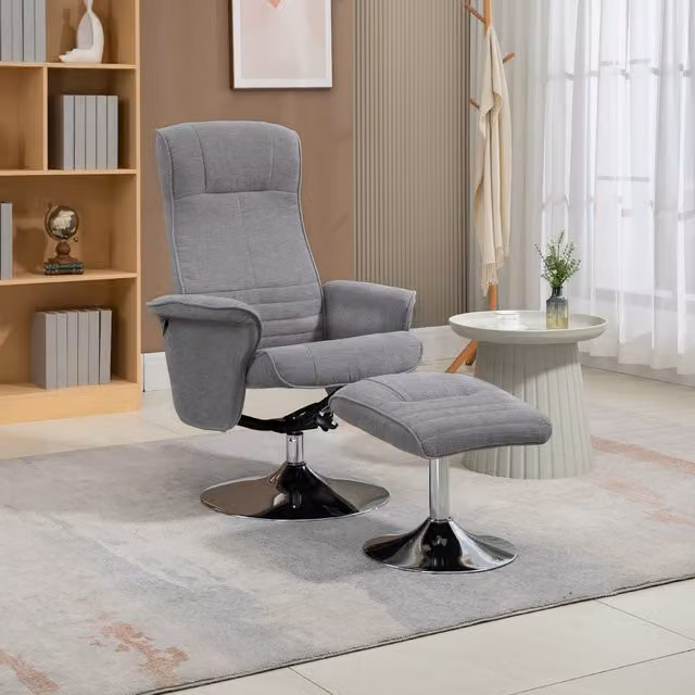 Sillón Reclinable PZCC con Reposapiés, Giro de 360° y Reclinación de 135°, Tapizado en Tela Gris para Salón