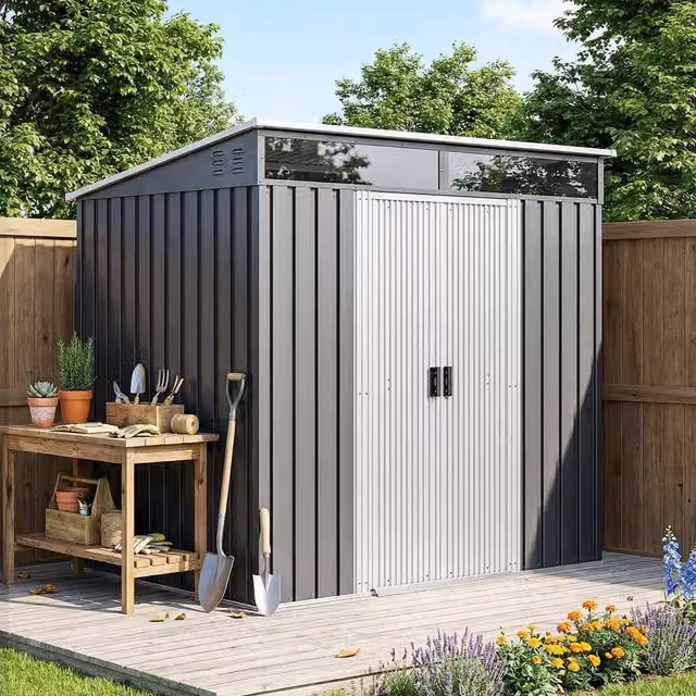 Caseta de jardín Outsunny de acero galvanizado con puertas correderas y ventana, gris y blanca, An/P/Al: 195 x 122 x 181.5 cm