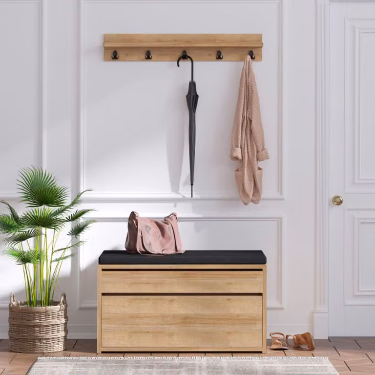 Mueble de entrada Concept Usine con perchero de pared y banco de almacenamiento en color marrón y negro