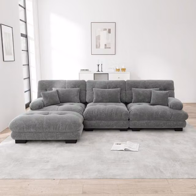 Sofá Esquinero Modular Kellany en Forma de L con Otomana, Sofá Cama Profundo de Pana y Chenilla Gris para tu Sala de Estar