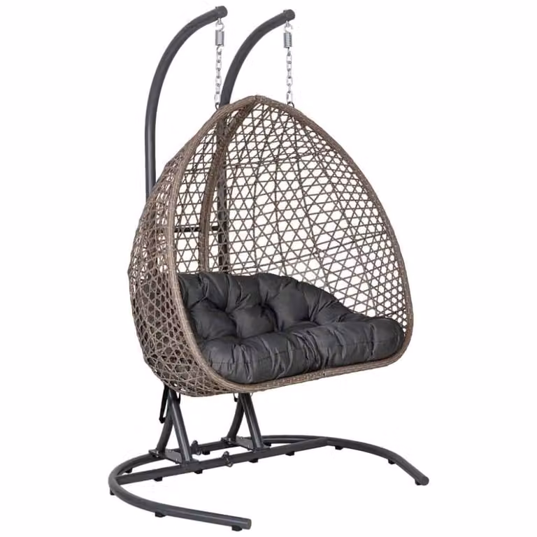 Sillón colgante de 2 plazas Wanderlust Deco en polirrattan marrón con cojines de tela resistente a los rayos UV, An/P/Al: 150 x 110 x 202 cm