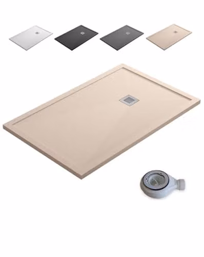 Plato de ducha rectangular de resina mineral B BAÑO TOTAL con borde extraplano antideslizante, válvula y rejilla, textura piedra, color beige, An/P: 80 x 80 cm